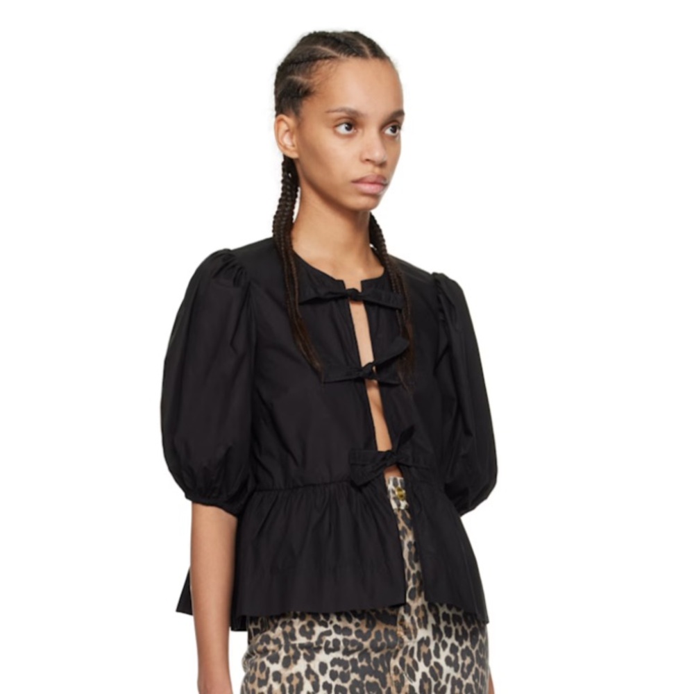 NWOT GANNI black cotton peplum tie blouse